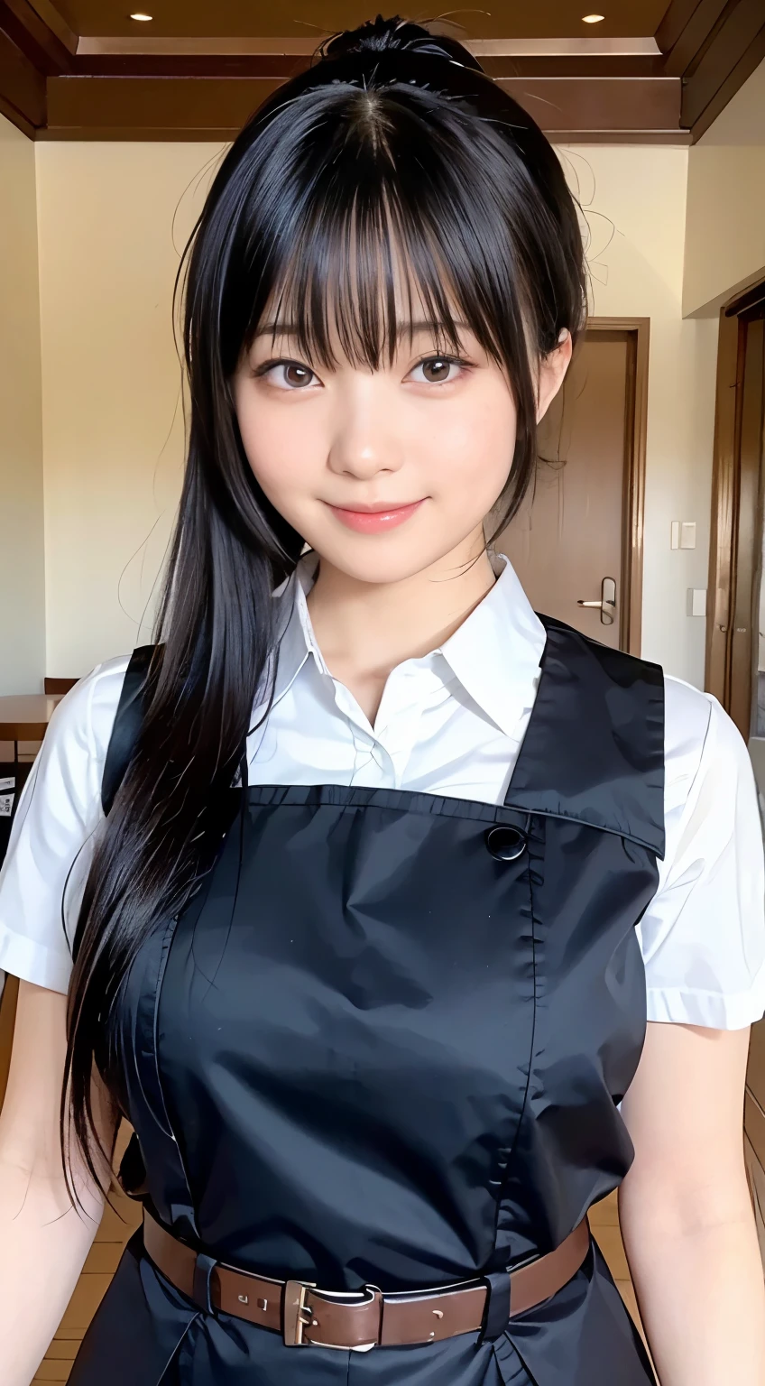 (Highest quality,masterpiece:1.3,Ultra-high resolution,),(Very detailed,Caustics),(Realistic:1.4,RAW shooting,)Ultra-Realistic Capture,Very detailed,High resolution 16K human skin closeup。 Natural skin texture、,pores、、、、It must be detailed enough to be easily identifiable。 Skin tone is even and healthy looking。 Use natural light and colour,restaurant,Waitress Uniform,1 girl,Japanese,18-year-old,cute,Black-haired,ponytail,Big Breasts,smile,Turn your body forward,(Front view:1.1),Looking into the camera,Cowboy Shot,