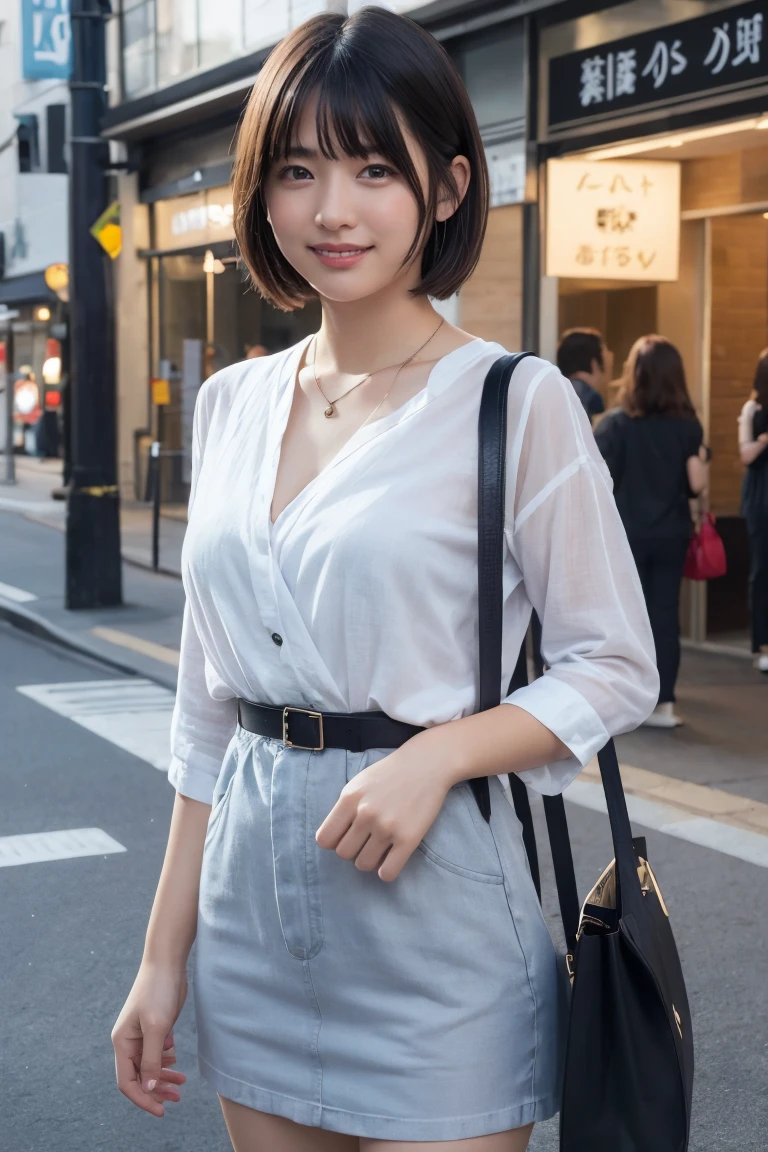 ((8k:1.27)、Highest quality、masterpiece、Ultra-high resolution:1.2)Photo Beautiful Japan woman (Comfortable:1.1) (Grey clothes:1.21) Designed by Greg Rutkowski and Alphonse Mucha Exquisite Elegance、Fantasy、detailed、geometry、Gradient lighting、One Girl、26 years old、Delicate skin、Looking at the audience、Brown eyes、(Flaxen short hair:1.2)、(Small breasts:1.0)、(middle breast wheel:0.8)、(Photorealistic:1.4)、(Highest quality:1.0)、(Ultra-high resolution:1.0)、(Without the use of hands:1.0)、8k、RAW Photos、 (Representative Song: 0.2), (Pure Eros Face_v1:0.5)、Tight clothing、tote bag、No sleeve、one piece、No sleeve、See through、smile、necklace、Linen Material、shirt、Ginza 4th Street、after work、evening、Business Fashion、Parted bangs、Hair is tied、A kind smile、Bust biting into the belt of the bag、Small breasts、Please stand up straight.、On the chest、