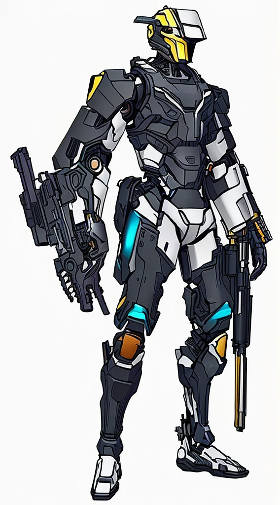 Close-up of man holding gun and helmet, mechanized art concept, Combat armor clothes, Mecha suit, anime mech armor, Wearing tech clothing and armor, Expert High Detail Concept Art, Detailed full body concept art, full body Mecha suit,