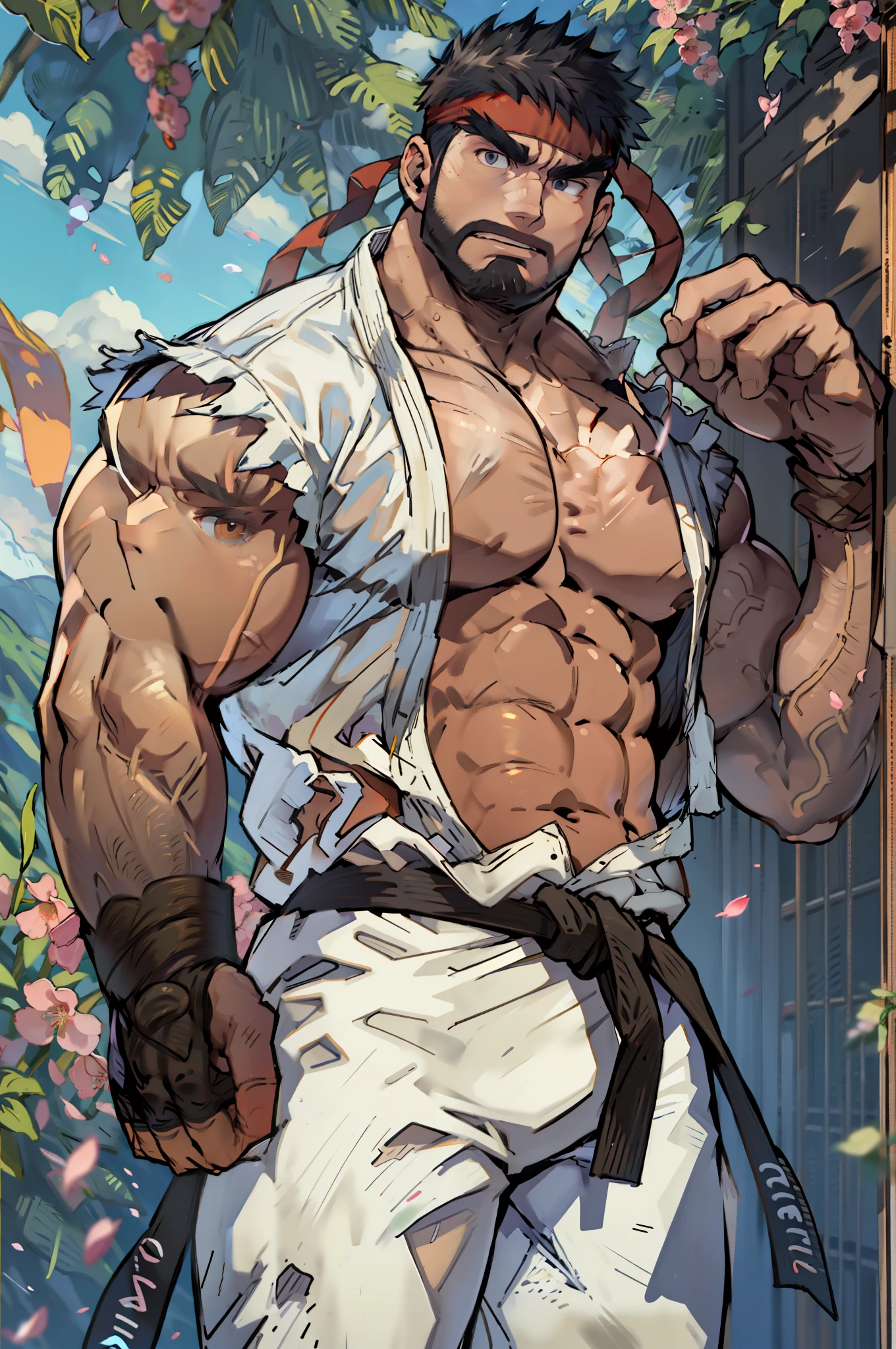 (masterpiece, Best Quality:1.2), cowboy shot, Alone, male focus, 1 chico, ryu \(sf\), Middle age, Serious, Closed mouth, White skin, looking at the viewer, black fur, black beard, high detailed face, piece, muscular, wide shoulder, great physics, wearing a big white Dougi, new white shirt Dougi, white Dougi pants, red headband, Gloves without fingers, blue aura, cherry blossom in the background, high detailed