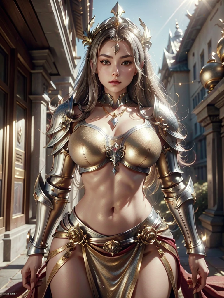 Realistic image cinematic shadows. in the courtyard. of the kingdom. There is Queen Elven Woman, with Crown, Illuminated Face, wearing a necklace around her neck, Hips, Toned, Large Round Breasts large breasts with bra made of steel large gold ornaments, ((spruce neckline in a silver armor, large gold ornaments. gold edges)) reflecting the sunlight.