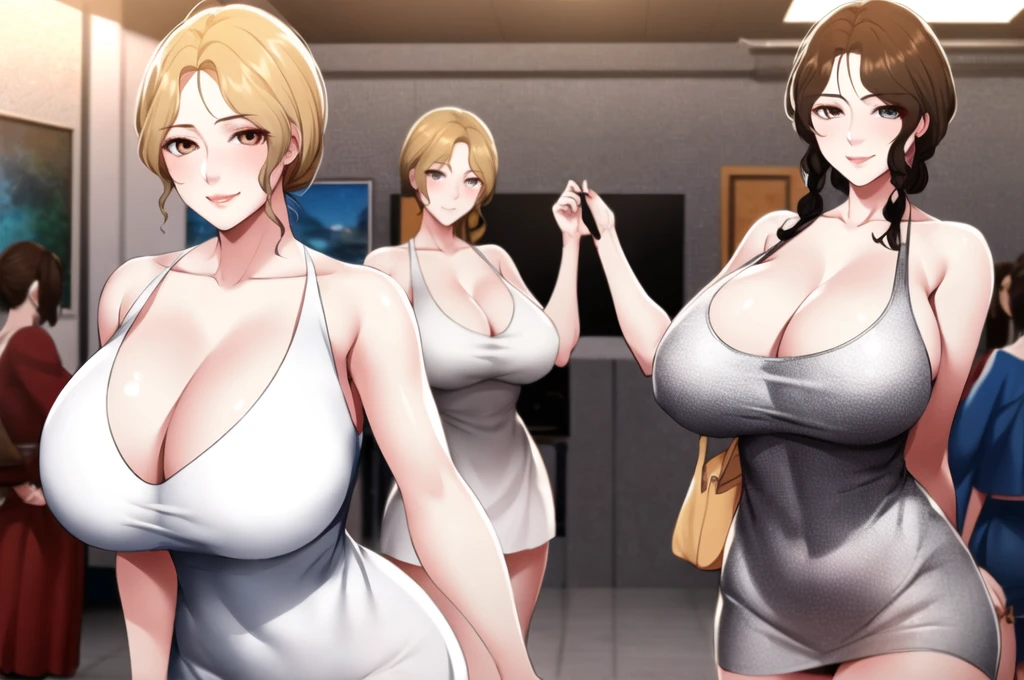 (8k, RAW photo, best quality, masterpiece:1.2),
2girls:1.2,multiple girls,mature female,smile,blonde hair,gigantic breasts, cleavage,white dress,standing, looking at viewer,
 