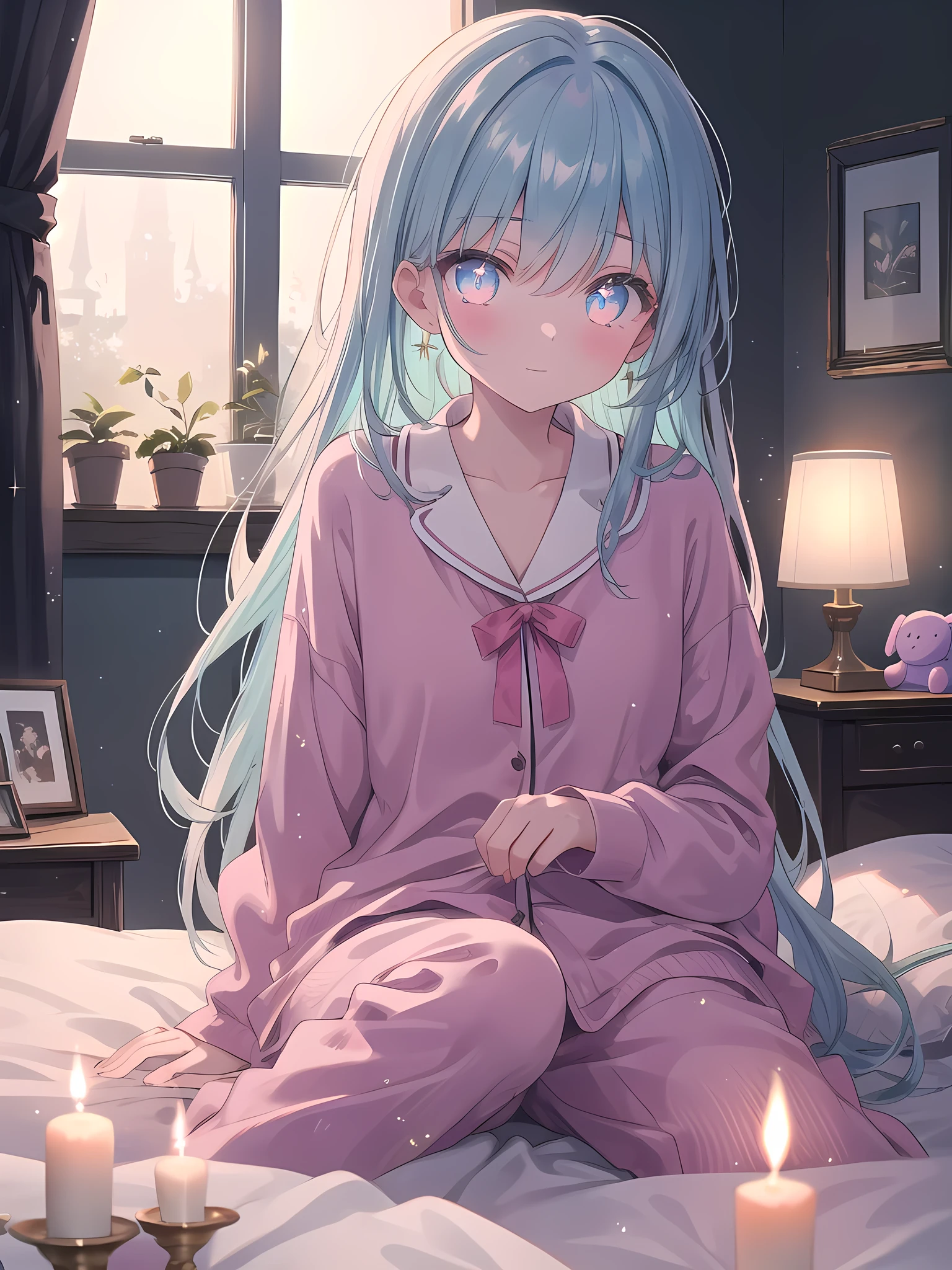 ((8k, best quality, master piece: 1.3)),super high resolution,(1 girl, solo), (colorshift eyes, hyperdetailed, expressive sparkling, glitter, glowing eyes), ultra detailed eyes, ultra-detailed face, random hair, ((pastel color)), Draw a 15 year old girl relaxing at home. The girl is in her pajamas, lounging in bed with a stuffed toy, exuding a calming bedroom atmosphere. The background features a starry window with indirect lighting and silk sheets. The camera angle should be from the perspective of the girl in bed. The color palette should have soft night tones and the sheen of the sheets, as well as the relaxed expression on the girl's face and the details of the stuffed toy.A cozy scene bathed in the warm, flickering light of numerous candles. The candlelight creates a soft, intimate glow, casting gentle shadows and adding a sense of warmth and comfort. The background features a calm, relaxing setting, perfect for a peaceful evening.