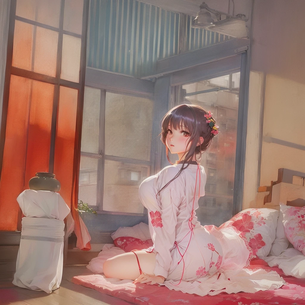 anime girl sitting on a bed in a room with a window, Gwaiz, Painted in an anime artist's studio, artwork in the style of Gwaiz, Created by Anime Painter Studio, Gwaiz on pixiv artstation, Gwaiz on artstation pixiv, Zerochan Art, Anime Style 4k, Gwaiz masterpiece, A 17-year-old Japanese girl in a kimono with vibrant hair colors, long hair, daring hair styling, slender figure, plump cheeks. She embodies the punk rock aesthetic, dressed like a punk rocker with bold attire, large sunglasses, a defiant expression. She stands at 170 centimeters tall, weighs 30 kilograms, wears long boots, with her thighs visible under a red pleated skirt. Adorned with numerous silver accessories. Depict with distinct outlines, using colors other than black for the outlines, using colorful hues for the outlines. She's into girls' rock, punk, Electric guitar, vibrant colors, stages, and backed by a band. An underground clubhouse with colorful lighting amidst the darkness. Colorful candies resembling mountains of treats are plentiful, strewn all around. A tall, well-built man with blonde hair is present, adorned with tattoos, a nose piercing, and a split tongue.