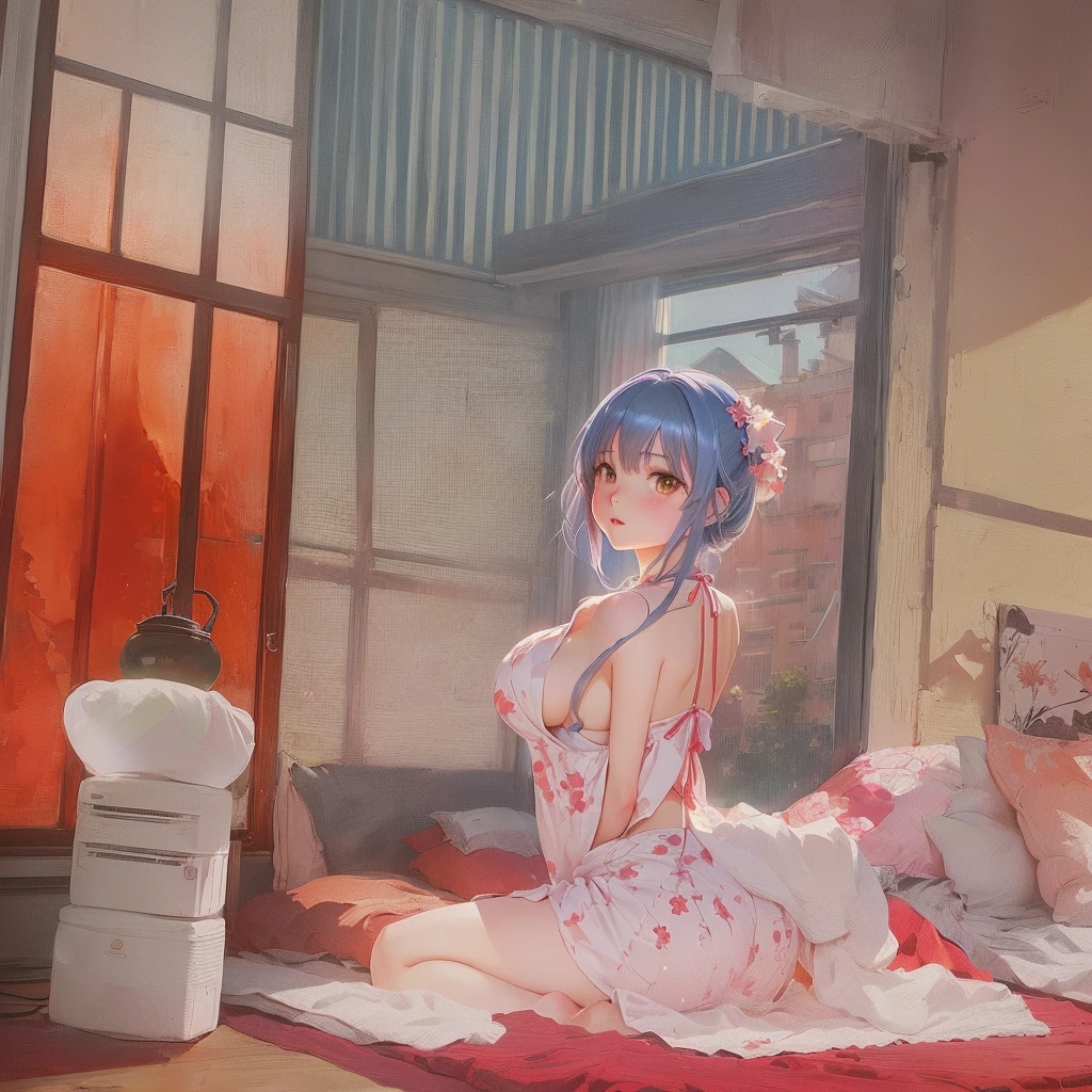 anime girl sitting on a bed in a room with a window, Gwaiz, Painted in an anime artist's studio, artwork in the style of Gwaiz, Created by Anime Painter Studio, Gwaiz on pixiv artstation, Gwaiz on artstation pixiv, Zerochan Art, Anime Style 4k, Gwaiz masterpiece, A 17-year-old Japanese girl in a kimono with vibrant hair colors, long hair, daring hair styling, slender figure, plump cheeks. She embodies the punk rock aesthetic, dressed like a punk rocker with bold attire, large sunglasses, a defiant expression. She stands at 170 centimeters tall, weighs 30 kilograms, wears long boots, with her thighs visible under a red pleated skirt. Adorned with numerous silver accessories. Depict with distinct outlines, using colors other than black for the outlines, using colorful hues for the outlines. She's into girls' rock, punk, Electric guitar, vibrant colors, stages, and backed by a band. An underground clubhouse with colorful lighting amidst the darkness. Colorful candies resembling mountains of treats are plentiful, strewn all around. A tall, well-built man with blonde hair is present, adorned with tattoos, a nose piercing, and a split tongue.