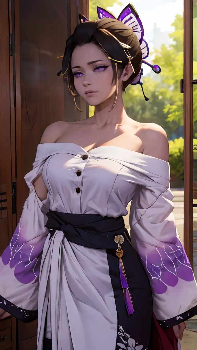 Ultra-realistic 8K computer graphics,chedevr,((Ultra detailed backgrounds,delicate patterns,complex parts)),Best quality at its best,angry face,very detailed eyes и лица,very detailed eyes,Kochou shinobi,multicolored hair,without bangs,hair fences,Purple eye,Forehead,oiran suit,haori,butterflies,button,(tropical garden:1.2),purple flower,battle damage,mostly cloudy sky,Sun rays,Tyndall effect,gradient_sky,rainy day, face,rainy sky,Saber at the waist,charming pose,big breasts,split,Off-the-shoulder clothing