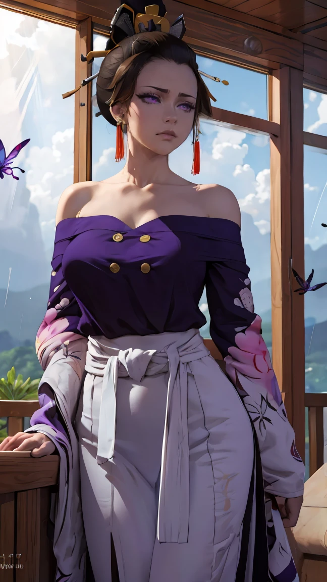 Ultra-realistic 8K computer graphics,chedevr,((Ultra detailed backgrounds,delicate patterns,complex parts)),Best quality at its best,angry face,very detailed eyes и лица,very detailed eyes,Kochou shinobi,multicolored hair,without bangs,hair fences,Purple eye,Forehead,oiran suit,haori,butterflies,button,(tropical garden:1.2),purple flower,battle damage,mostly cloudy sky,Sun rays,Tyndall effect,gradient_sky,rainy day, face,rainy sky,Saber at the waist,charming pose,big breasts,split,Off-the-shoulder clothing
