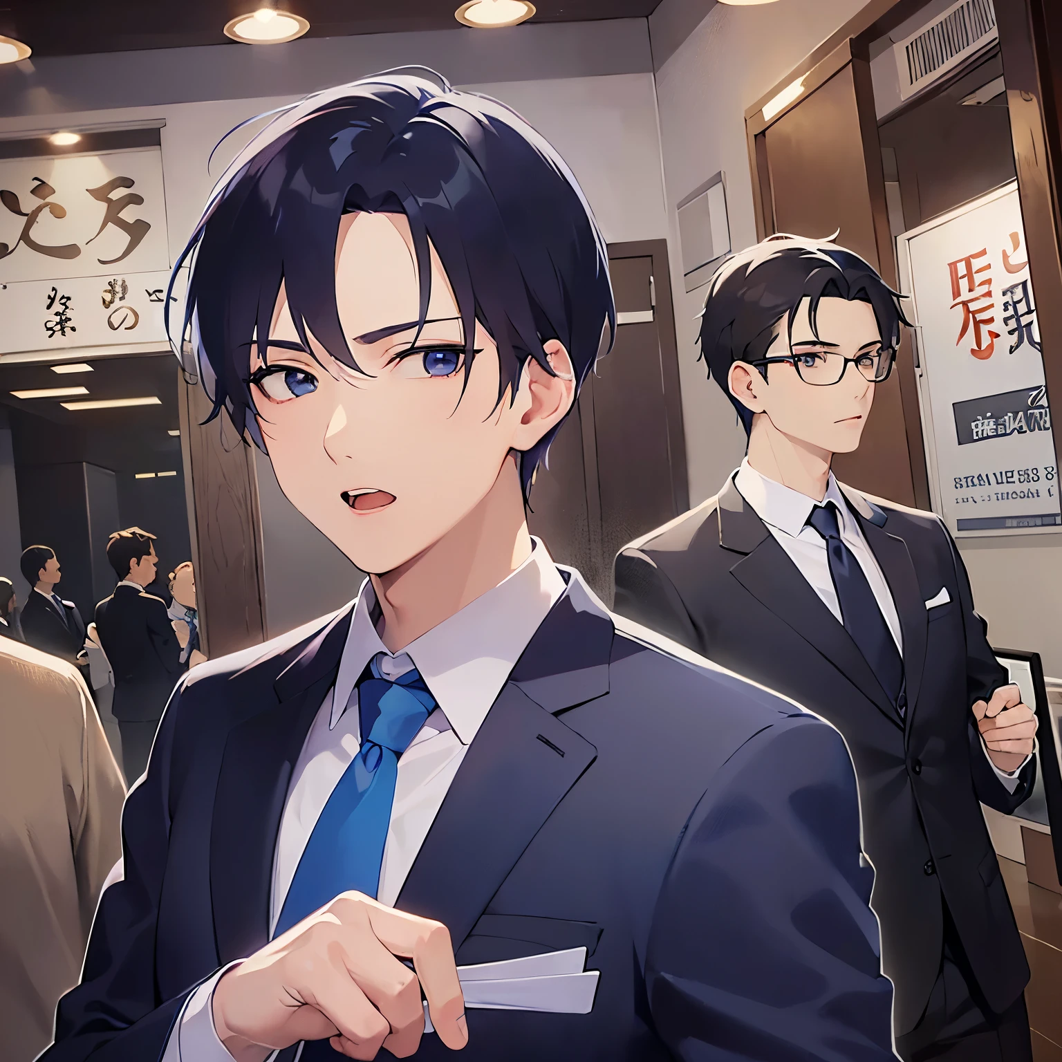masterpiece、Highest quality、
(25-year-old male:1.5) and(Black short hair) and (blue eyes),
(suit:1.5) and (Blue tie)(suit:1.5) and (Blue tie)、
Upset,open mouth,The background is the interior of an izakaya at night.、Hands outstretched
