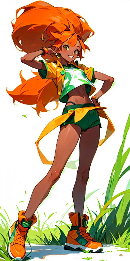 20 Year old woman, dark orange straight hair, tan skin, grass type pokemon trainer, happy, kind, hip hop dancer
