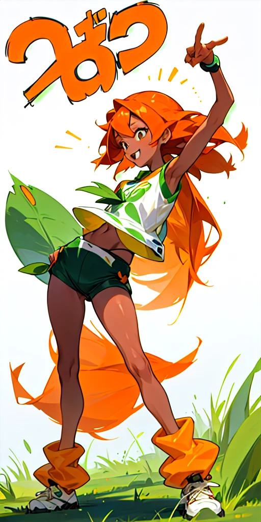 20 Year old woman, dark orange straight hair, tan skin, grass type pokemon trainer, happy, kind, hip hop dancer