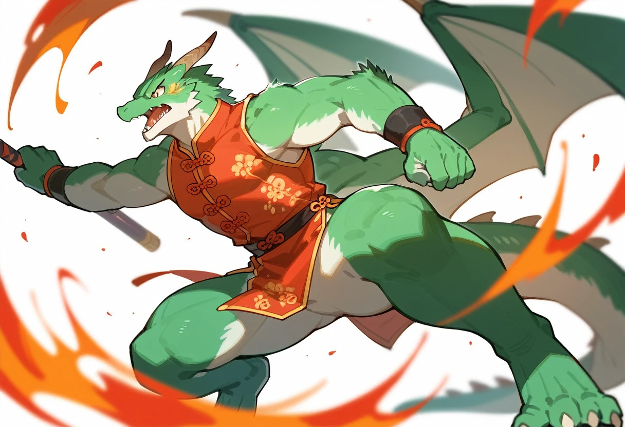 top quality, high-quality illustrations((masterpiece))depth of field, motion blur, absurdres, Perfect Anatomy, magnificent picture of kemono fighting fierce battles, kemono, 1boy, solo focus, Anthro((dramatic))epic, weapon, dynamic pose, One scene of movie,FURRY，dragon，Chinese clothes，green body