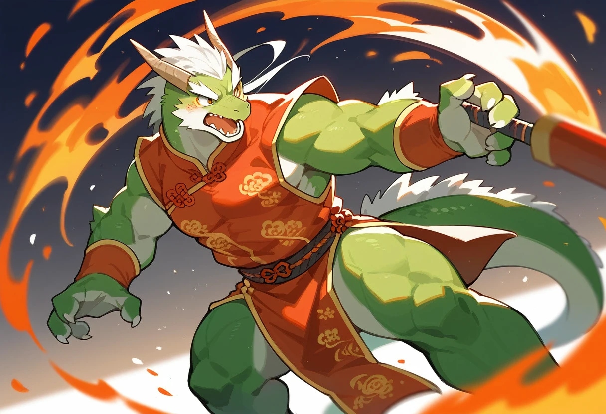 top quality, high-quality illustrations((masterpiece))depth of field, motion blur, absurdres, Perfect Anatomy, magnificent picture of kemono fighting fierce battles, kemono, 1boy, solo focus, Anthro((dramatic))epic, weapon, dynamic pose, One scene of movie,FURRY,dragon,Chinese clothes,green body