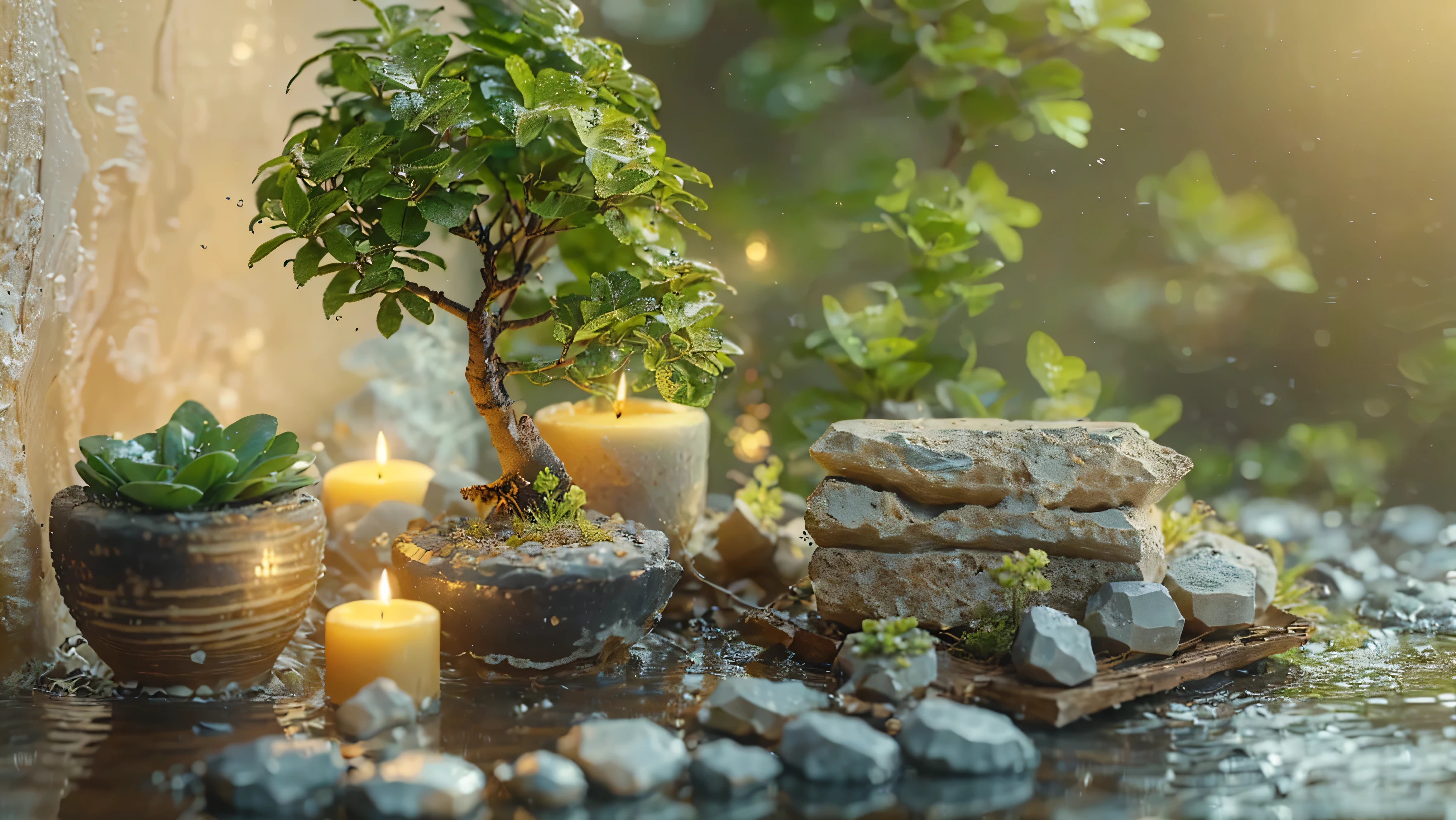 There are lots of candles and potted plants on the table., Zen Nature Background, lush plants and Potted plantss, Highly detailed scenes, Relaxing environment, Natural and realistic rendering, Quiet environment, 3D Stylized Scene, Relaxed atmosphere, High quality rendering, Potted plantsで作られた, Potted plants, Quiet and peaceful atmosphere, Cozy and serene atmosphere, Ultra-detailed scenes, Highly detailed rendering、８K