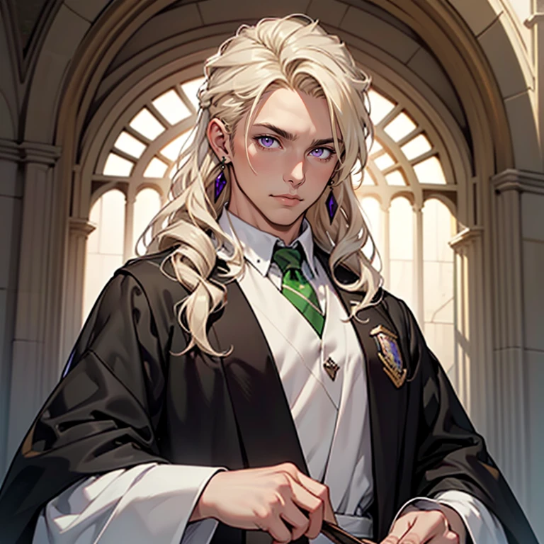 ((masterpiece)), (((best quality))), solo, 1 male, wizard, pale white skin, white-blonde hair, long hair, curly hair, handsome man, bright purple eyes, tall, Slytherin uniform with black robes, simple earrings, highest quality, highly detailed, original, high resolution CG Unit 8k wallpaper, (best quality, artwork, masterpiece, 4k)