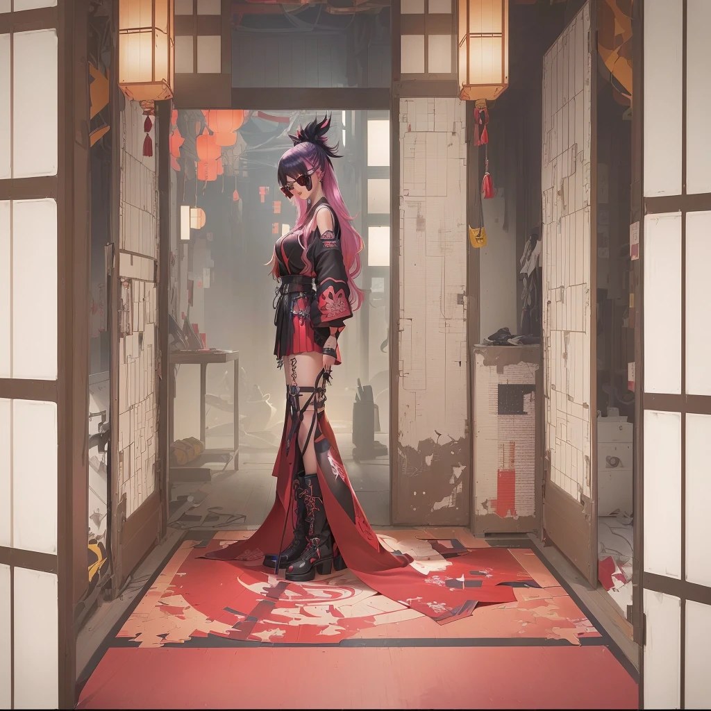A woman in a red dress is standing in a room, The Detailed Art of the Onmyoji, Gwaiz on pixiv artstation, Gwaiz on artstation pixiv, artwork in the style of Gwaiz, Gwaiz, onmyoji, artstation pixivでトレンド, Digital art on Pixiv, Gwaiz masterpieceA 17-year-old Japanese girl with vibrant hair colors, long hair, daring hair styling, slender figure, plump cheeks. She embodies the punk rock aesthetic, dressed like a punk rocker with bold attire, large sunglasses, a defiant expression. She stands at 170 centimeters tall, weighs 30 kilograms, wears long boots, with her thighs visible under a red pleated skirt. Adorned with numerous silver accessories. Depict with distinct outlines, using colors other than black for the outlines, using colorful hues for the outlines. She's into girls' rock, punk, Electric guitar, vibrant colors, stages, and backed by a band. An underground clubhouse with colorful lighting amidst the darkness. Colorful candies resembling mountains of treats are plentiful, strewn all around. A tall, well-built man with blonde hair is present, adorned with tattoos, a nose piercing, and a split tongue.