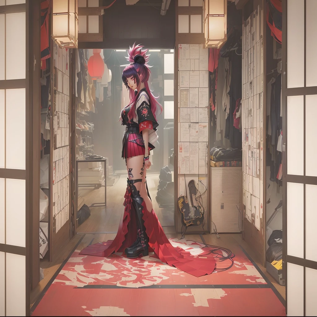 A woman in a red dress is standing in a room, The Detailed Art of the Onmyoji, Gwaiz on pixiv artstation, Gwaiz on artstation pixiv, artwork in the style of Gwaiz, Gwaiz, onmyoji, artstation pixivでトレンド, Digital art on Pixiv, Gwaiz masterpieceA 17-year-old Japanese girl with vibrant hair colors, long hair, daring hair styling, slender figure, plump cheeks. She embodies the punk rock aesthetic, dressed like a punk rocker with bold attire, large sunglasses, a defiant expression. She stands at 170 centimeters tall, weighs 30 kilograms, wears long boots, with her thighs visible under a red pleated skirt. Adorned with numerous silver accessories. Depict with distinct outlines, using colors other than black for the outlines, using colorful hues for the outlines. She's into girls' rock, punk, Electric guitar, vibrant colors, stages, and backed by a band. An underground clubhouse with colorful lighting amidst the darkness. Colorful candies resembling mountains of treats are plentiful, strewn all around. A tall, well-built man with blonde hair is present, adorned with tattoos, a nose piercing, and a split tongue.