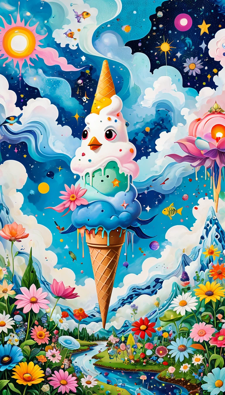 Children's graffiti,Artists from the stars,The giant ice cream cone is decorated with、Eruption Cloud、sky、flowesh、章fish触手瀑布。、bird、Eye、diatom,Abstract mosaic painting,Describing the inner world of autistic people,Large area of white,interesting,Innocence,Vision,Psychedelic Art,