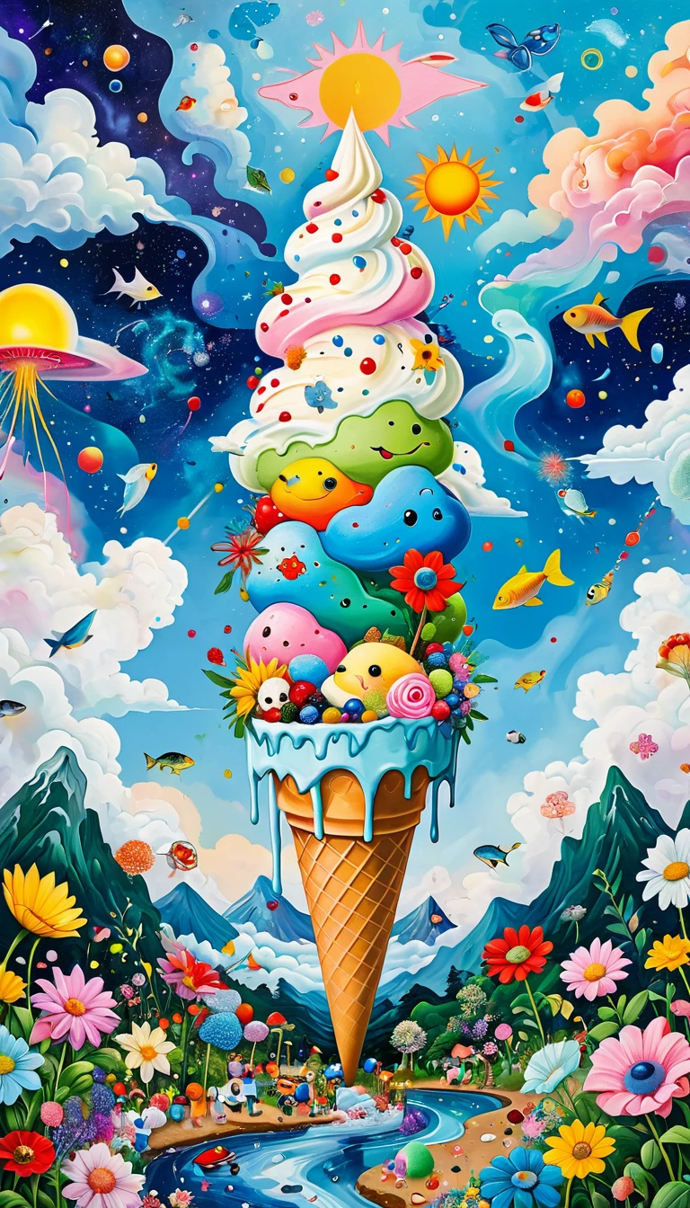 Children's graffiti,Artists from the stars，The giant ice cream cone is decorated with、Eruption Cloud、sky、flowesh、章fish触手瀑布。、bird、Eye、diatom，Abstract mosaic painting，Describing the inner world of autistic people，Large area of white，interesting，Innocence，Vision，Psychedelic Art，
