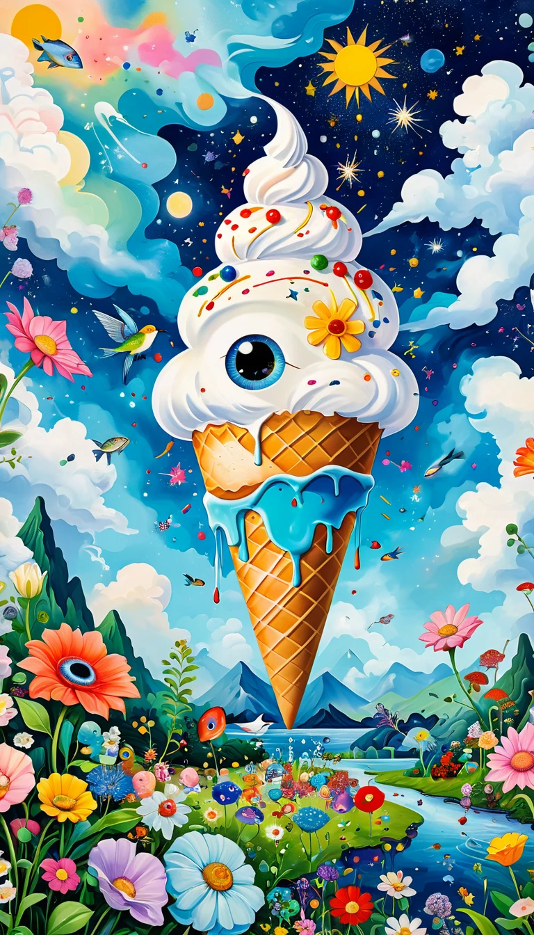 Children's graffiti,Artists from the stars，Ice cream cones、Eruption Cloud、sky、flowesh、章fish瀑布。、bird、Eye、diatom，Abstract mosaic painting，Describing the inner world of autistic people，Large area of white，interesting，Innocence，Vision，Psychedelic Art，
