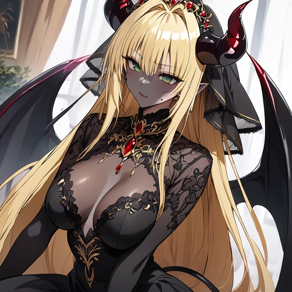 The woman is a dark-skinned, evil devil, a jet-black devil, an evil jet-black devil、((Highest quality)), ((masterpiece)), (detailed), （Perfect Face）、（（An evil, jet-black demon with jet-black skin.））、The woman was a beautiful, jet-black archdemon with jet-black skin, the evil queen of the demon world, Devil Queen Tiare, with green eyes, blonde medium-long hair, a gorgeous black wedding dress with gold embroidery and trim, a black wedding veil, an engagement ring, and luxurious accessories, and was a beautiful, elegant archdemon, the Demon Queen, lavishly decorated and jeweled.、A beautiful, jet-black-skinned demon with magnificent devil horns, devil wings, and a devil tail.
