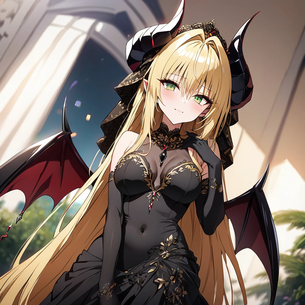 The woman is a dark-skinned, evil devil, a jet-black devil, an evil jet-black devil、((Highest quality)), ((masterpiece)), (detailed), (Perfect Face)、((An evil, jet-black demon with jet-black skin.))、The woman was a beautiful, jet-black archdemon with jet-black skin, the evil queen of the demon world, Devil Queen Tiare, with green eyes, blonde medium-long hair, a gorgeous black wedding dress with gold embroidery and trim, a black wedding veil, an engagement ring, and luxurious accessories, and was a beautiful, elegant archdemon, the Demon Queen, lavishly decorated and jeweled.、A beautiful, jet-black-skinned demon with magnificent devil horns, devil wings, and a devil tail.