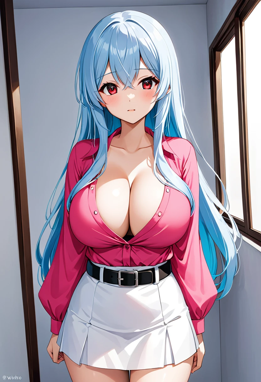 My name is Yukiko.I am a white test woman with long light blue hair,red eye color.I am 1.62 cm tall . My breasts measure 200 cm, my waist 40 cm and my hips 200. Dressed in a low-cut pink blouse along with a black belt around my waist and a white skirt that only covers my crotch . With huge breasts 200 cm