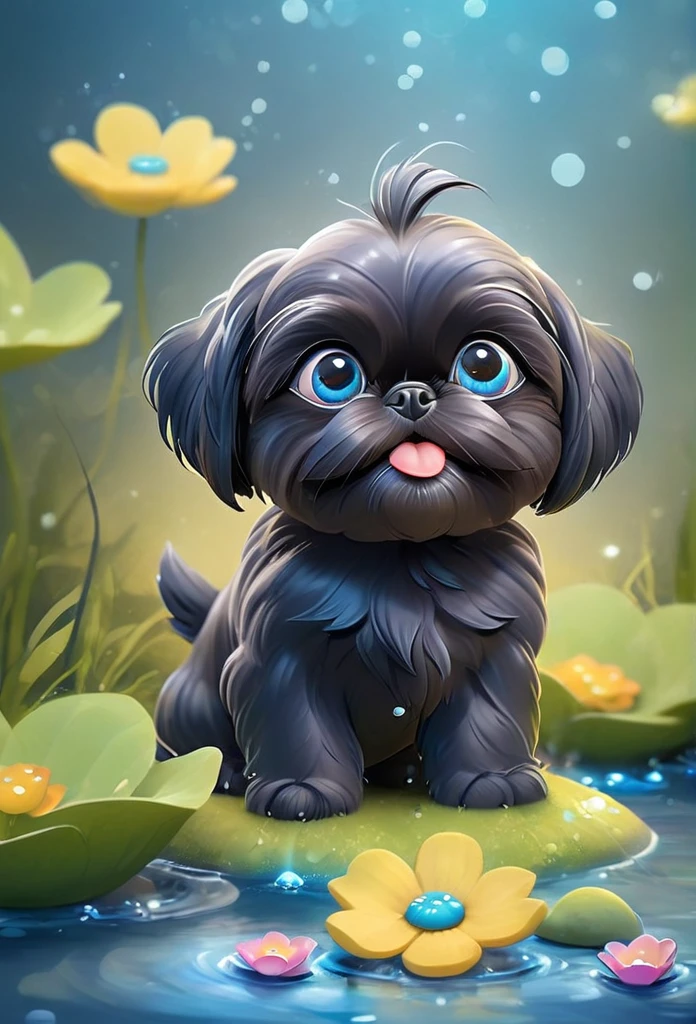 2 adorable very small very black Shih Tzu puppies with big bright blue eyes,extremely detailed eyes and face,longeyelashes,wearing blue collars and sunglasses,playing in creek,butterflies and flowers in background,3D Pixar style,photorealistic,masterpiece,vibrant colors,studio lighting,ultra-detailed,sharp focus,physically-based rendering,professional