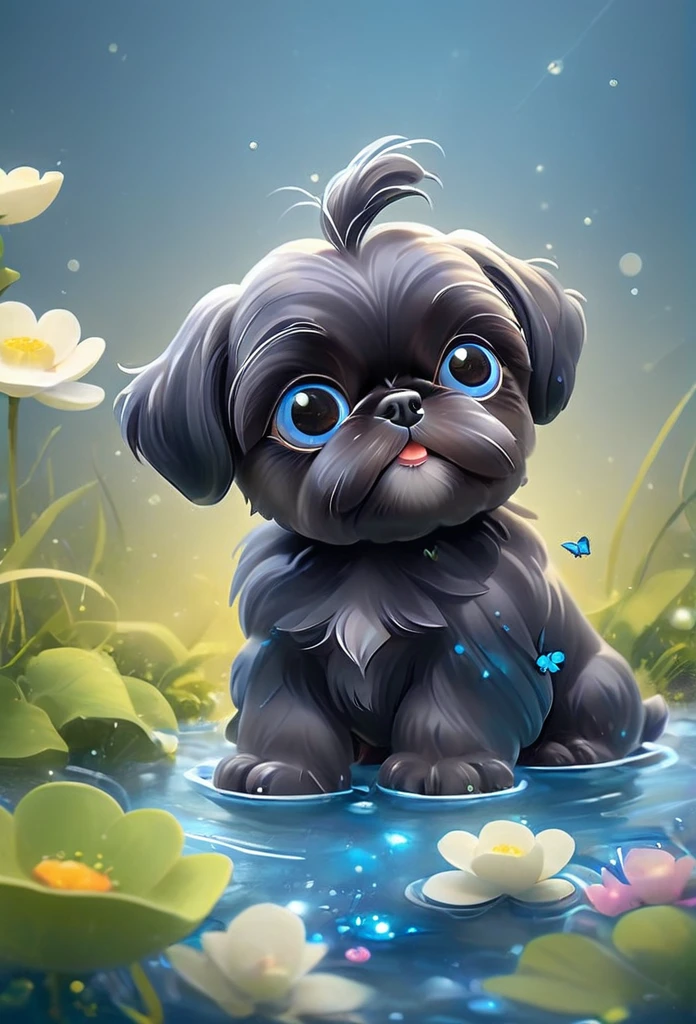 2 adorable very small very black Shih Tzu puppies with big bright blue eyes,extremely detailed eyes and face,longeyelashes,wearing blue collars and sunglasses,playing in creek,butterflies and flowers in background,3D Pixar style,photorealistic,masterpiece,vibrant colors,studio lighting,ultra-detailed,sharp focus,physically-based rendering,professional