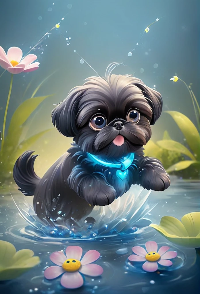 2 adorable very small very black Shih Tzu puppies with big bright blue eyes,extremely detailed eyes and face,longeyelashes,wearing blue collars and sunglasses,playing in creek,erflies and flowers in background,3D Pixar style,photorealistic,masterpiece,vibrant colors,studio lighting,ultra-detailed,sharp focus,physically-based rendering,professional