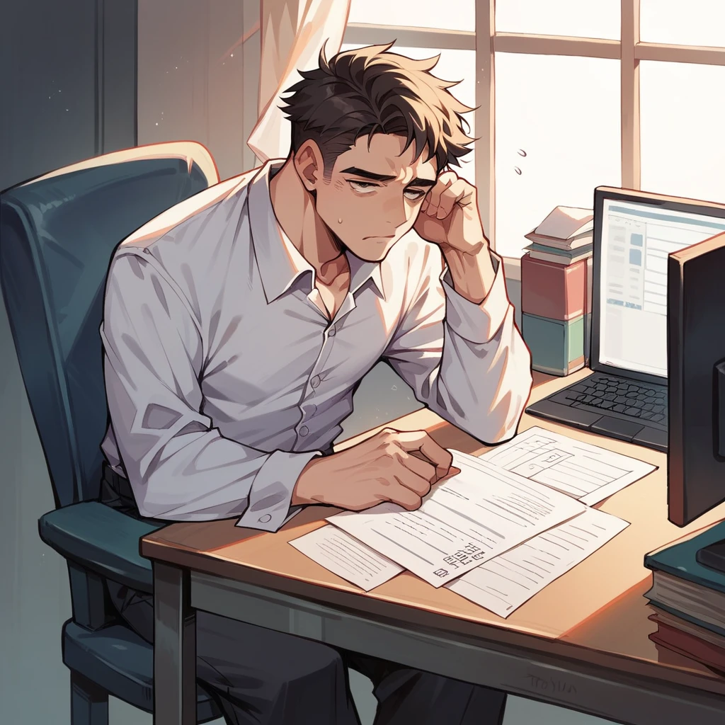 A large amount of documents and a computer are piled up on the office desk。A businessman is sitting at a desk、He is holding his head with a tired expression。