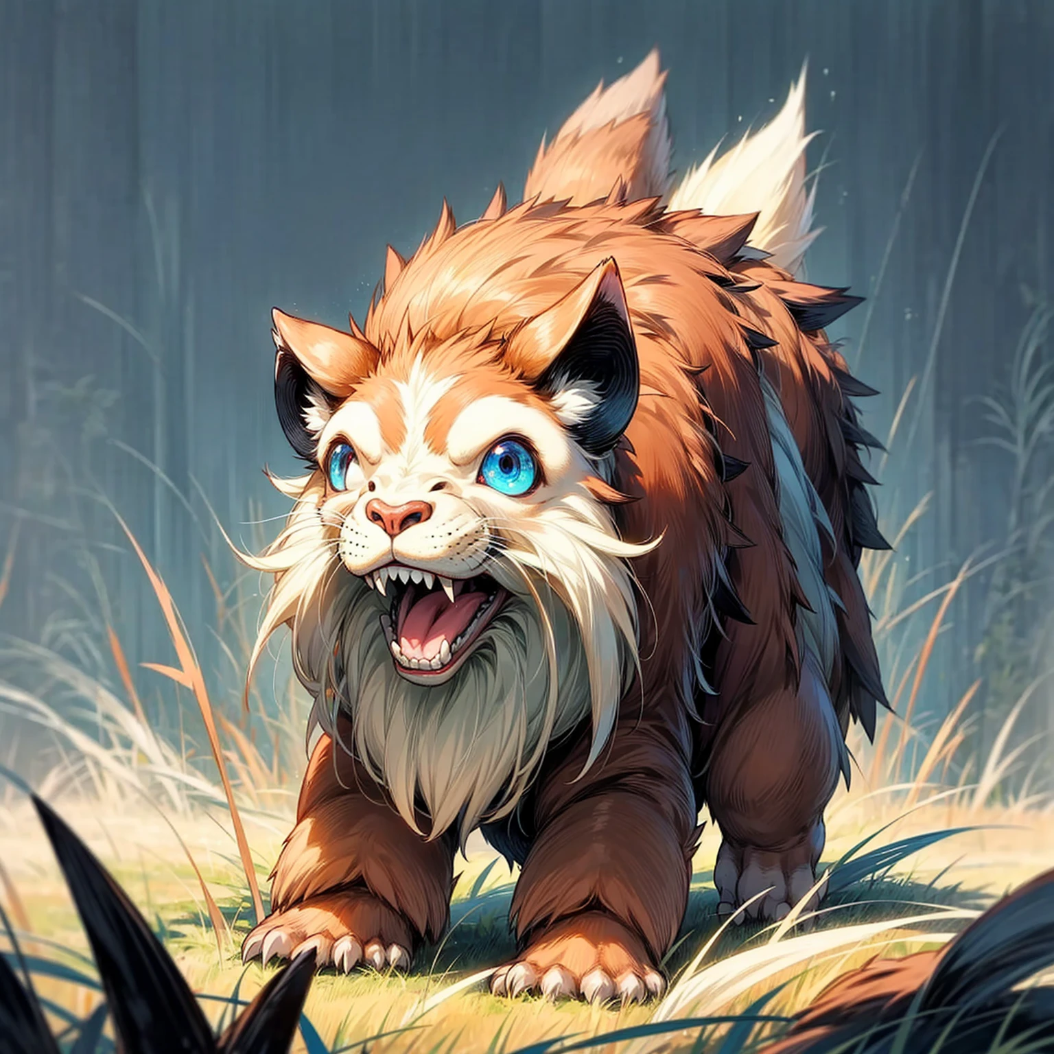1animaly, medium animal version, Full body version, beaver mixed with dinosaurus, blue eyes, beaver head mixed, has horns, Grassroots, full background in field