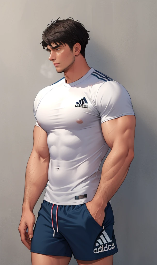 toned young man, full body, short black hair, adidas shirt, tight fitting shorts, bulge, chavalpha