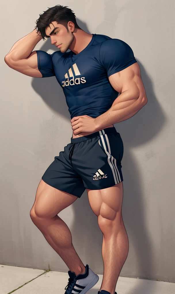 toned young man, full body, short black hair, adidas shirt, tight fitting shorts, bulge, chavalpha