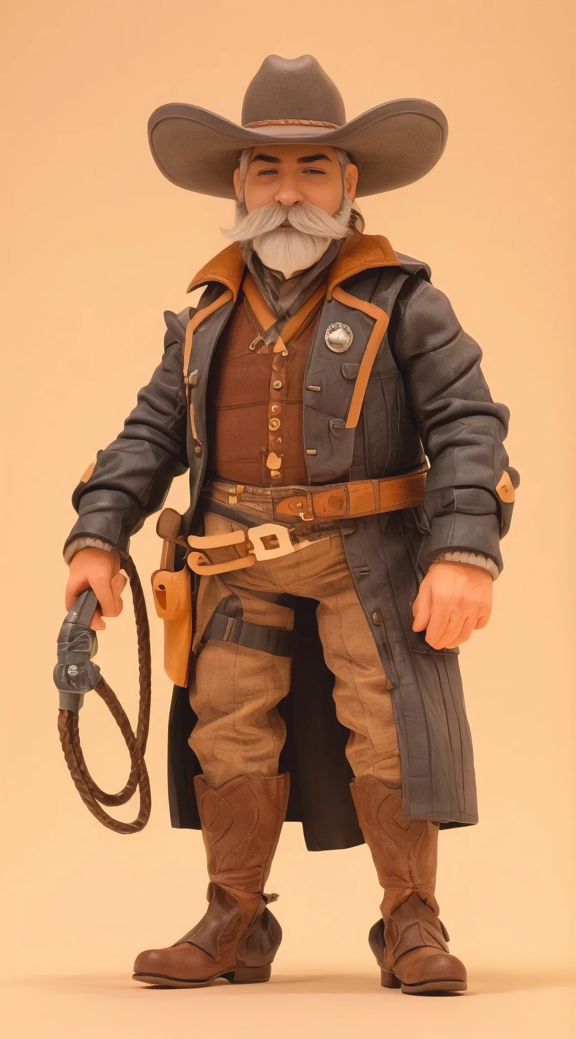 (best quality, ultra-detailed, photorealistic), Short fat old cowboy holding a lasso with a handlebar mustache