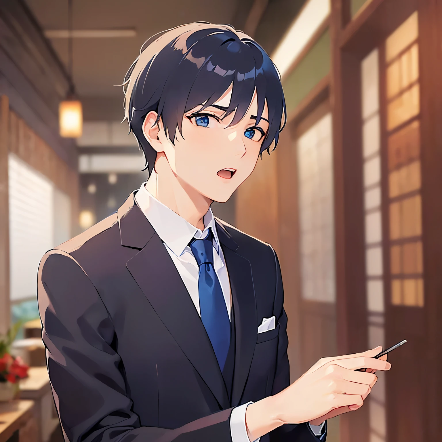 masterpiece、Highest quality、
(25-year-old male:1.5) and(Black short hair) and (blue eyes), 
(suit:1.5) and (Blue tie）(suit:1.5) and (Blue tie）、
Upset,open mouth,The background is the interior of an izakaya at night.、Hands outstretched