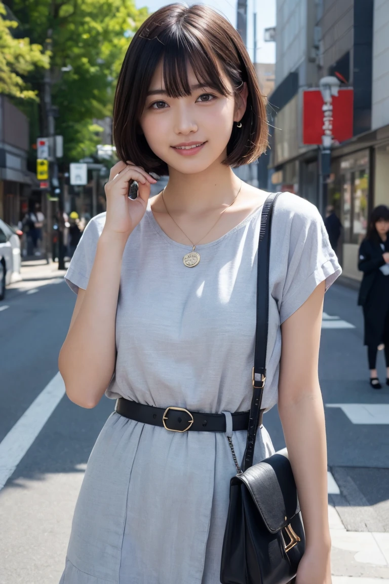 ((8k:1.27)、Highest quality、masterpiece、Ultra-high resolution:1.2)Photo Beautiful Japan woman (Comfortable:1.1) (Grey clothes:1.21) Designed by Greg Rutkowski and Alphonse Mucha Exquisite Elegance、Fantasy、detailed、geometry、Gradient lighting、One Girl、26 years old、Delicate skin、Looking at the audience、Brown eyes、(Flaxen short hair:1.2)、(Small breasts:1.0)、(middle breast wheel:0.8)、(Photorealistic:1.4)、(Highest quality:1.0)、(Ultra-high resolution:1.0)、(Without the use of hands:1.0)、8k、RAW Photos、 (Representative Song: 0.2), (Pure Eros Face_v1:0.5)、Tight clothing、tote bag、No sleeve、one piece、No sleeve、See through、smile、necklace、Linen Material、shirt、Ginza 4th Street、after work、evening、Business Fashion、Parted bangs、Hair is tied、A kind smile、Bust biting into the belt of the bag、Small breasts、Please stand up straight.、On the chest、