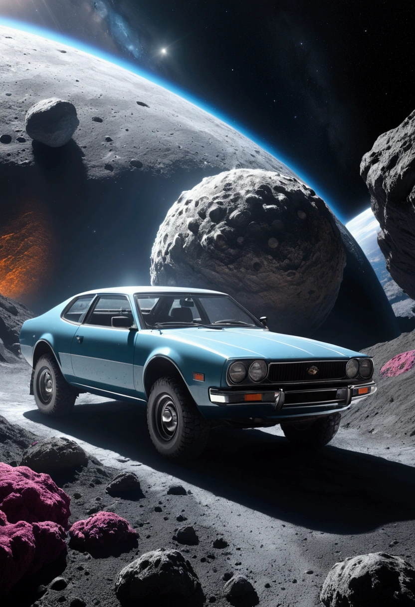 Fururistic carwash on an asteroid in space