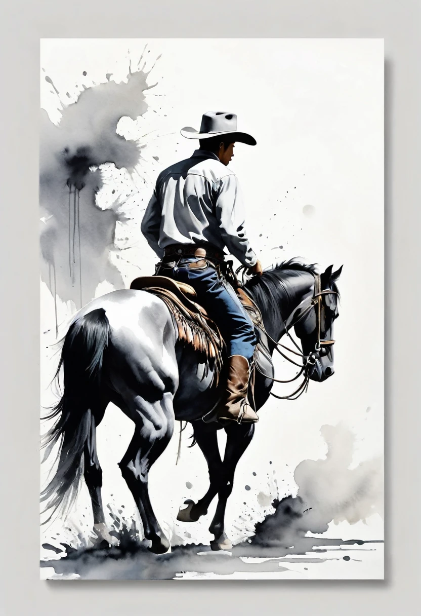 中国Ink Painting, Gray and White, at the lowest limit,White background,Footprinting, Minimalism, Huge negative space, Ink Painting, Abstract,A western cowboy,