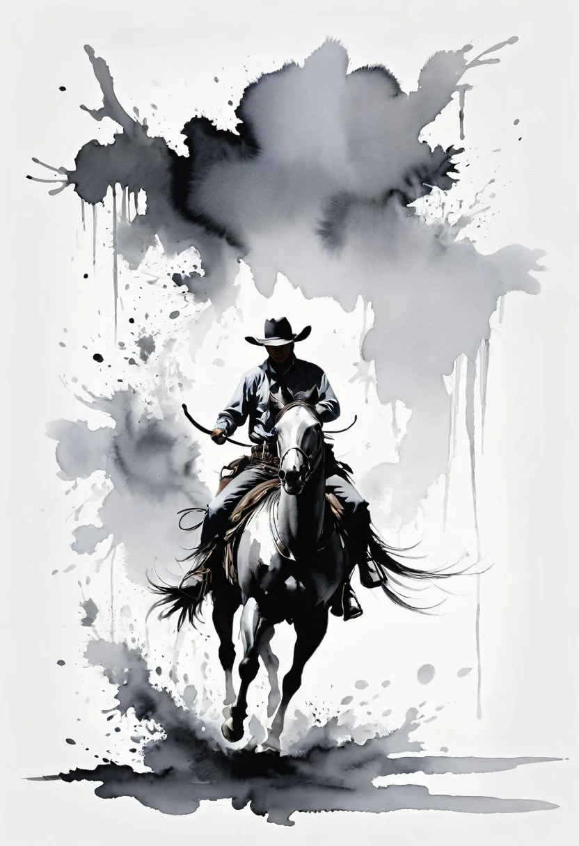 中国Ink Painting, Gray and White, at the lowest limit,White background,Footprinting, Minimalism, Huge negative space, Ink Painting, Abstract,A western cowboy,