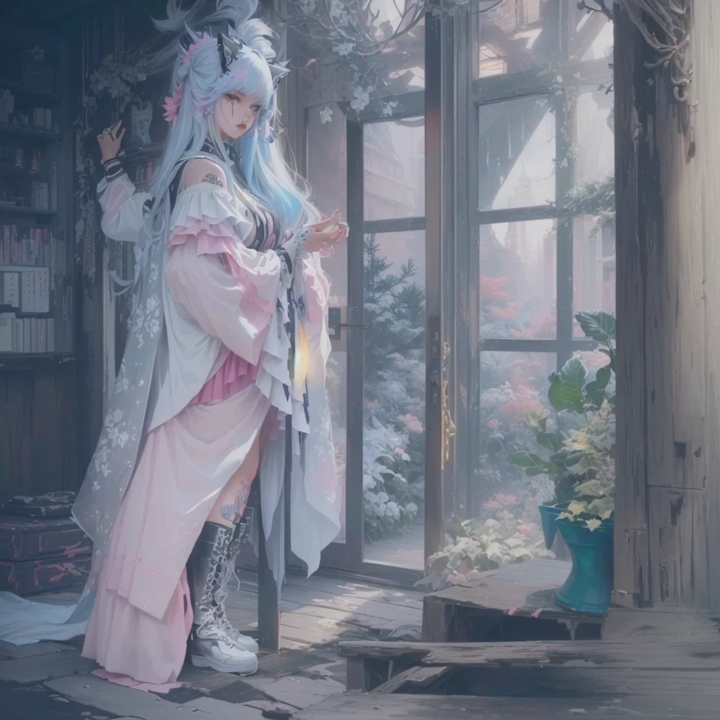 Woman in pink dress standing in room, palace , Girl in Han Dress, artwork in the style of Gwaiz, Dreamlike atmosphere and drama, Gwaiz, Gwaiz on pixiv artstation, Gwaiz on artstation pixiv, Gwaiz masterpiece, Magical Forest Maid, A mysterious still image of a 17-year-old Japanese girl with vibrant hair colors, long hair, daring hair styling, slender figure, plump cheeks. She embodies the punk rock aesthetic, dressed like a punk rocker with bold attire, large sunglasses, a defiant expression. She stands at 170 centimeters tall, weighs 30 kilograms, wears long boots, with her thighs visible under a red pleated skirt. Adorned with numerous silver accessories. Depict with distinct outlines, using colors other than black for the outlines, using colorful hues for the outlines. She's into girls' rock, punk, Electric guitar, vibrant colors, stages, and backed by a band. An underground clubhouse with colorful lighting amidst the darkness. Colorful candies resembling mountains of treats are plentiful, strewn all around. A tall, well-built man with blonde hair is present, adorned with tattoos, a nose piercing, and a split tongue.