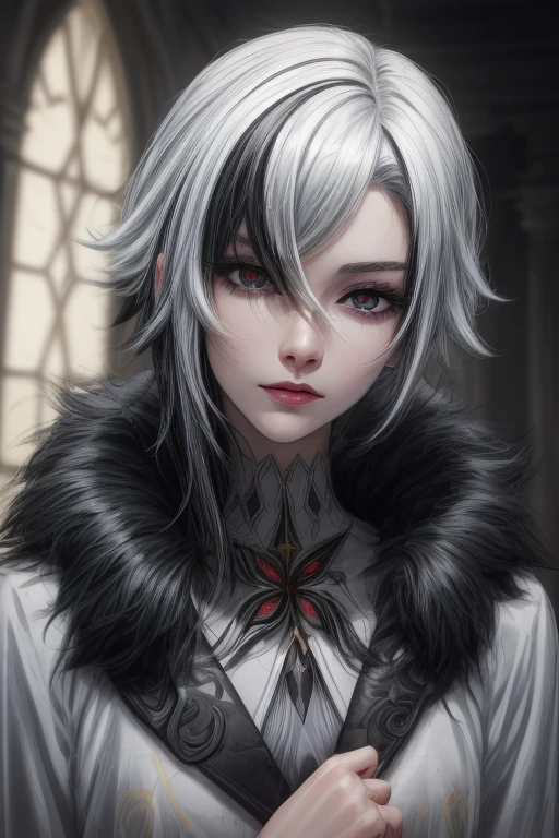 High-quality beautiful eyes, Beautiful face, high quality face, dark sky, thin, Wet waist, A slim body, Model appearance, confusion, sexuality, Cute beautiful anime woman, detailed digital anime art, Beautiful anime girl, Beautiful anime girl, Anime with small details, Best quality, masterpiece, Ultra detailed, Beautiful, a high resolution, original,CG 8K ультраrealistic, The perfect work of art, Beautiful face, Facial cleanliness, skin, гиперrealistic, Ultra detailed, detailed eye, dramatic lighting, (realistic) realistic, Full HD, Best quality, Best quality, Beautiful lighting, (8k wallpaper with extremely detailed computer graphics), high detail, Sharp Focus, The art of dramatic and photorealistic painting., Beautiful smile, Facial cleanliness, skin, гиперrealistic, Ultra detailed, detailed eye, dramatic lighting, (realistic) realistic, Full HD, Best quality, Best quality, Beautiful lighting, (8k wallpaper with extremely detailed computer graphics), high detail, Sharp Focus, The art of dramatic and photorealistic painting., (masterpiece, Best quality),harlequin,hair between eyes,black hair,White hair,short hair,coat,fur trim,fur-trimmed coat,(X-shaped eyes, Eyes in the shape of symbols, Squint your eyes),1 girl, One, White hair, black hair, multicolored hair, black eyes, X-shaped pupils, gloves, Arles_suit, hand on hip, simple background, perfect hands, Beautiful hands 