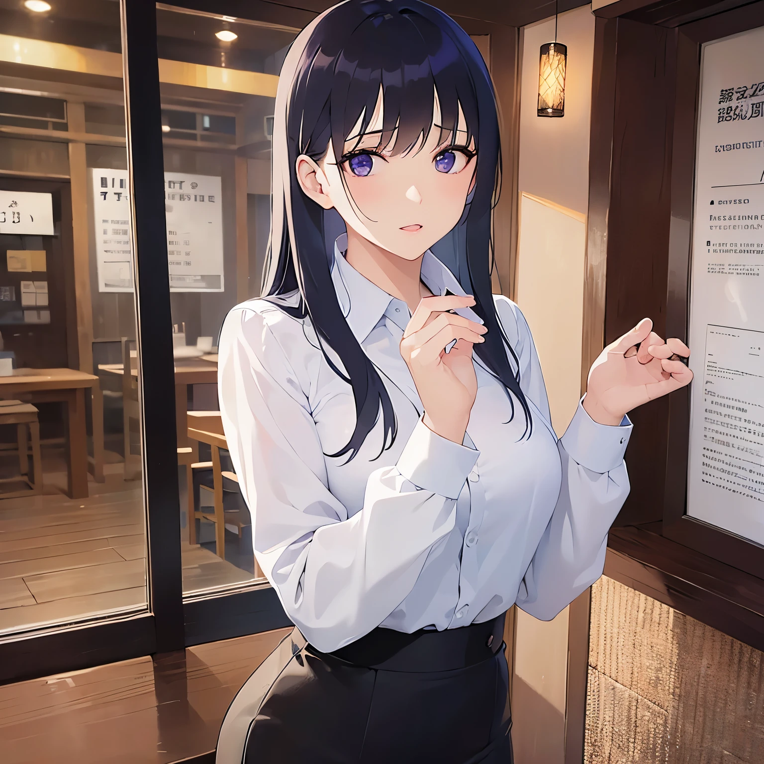 (looking at viewer:1.5),(Looking up:1.5)
Realistic, real person, (pale skin: 1.2), RAW photo, photorealistic, shiny skin, shiny hair、
(A 25-year-old woman with straight hair and bangs) and (medium hair) and (black hair) and (purple eyes) ,
(Wearing a business suit:1.5) and (Wearing a white collared shirt)、
blush,tearful,The background is the interior of an izakaya at night.、Hands are out in front