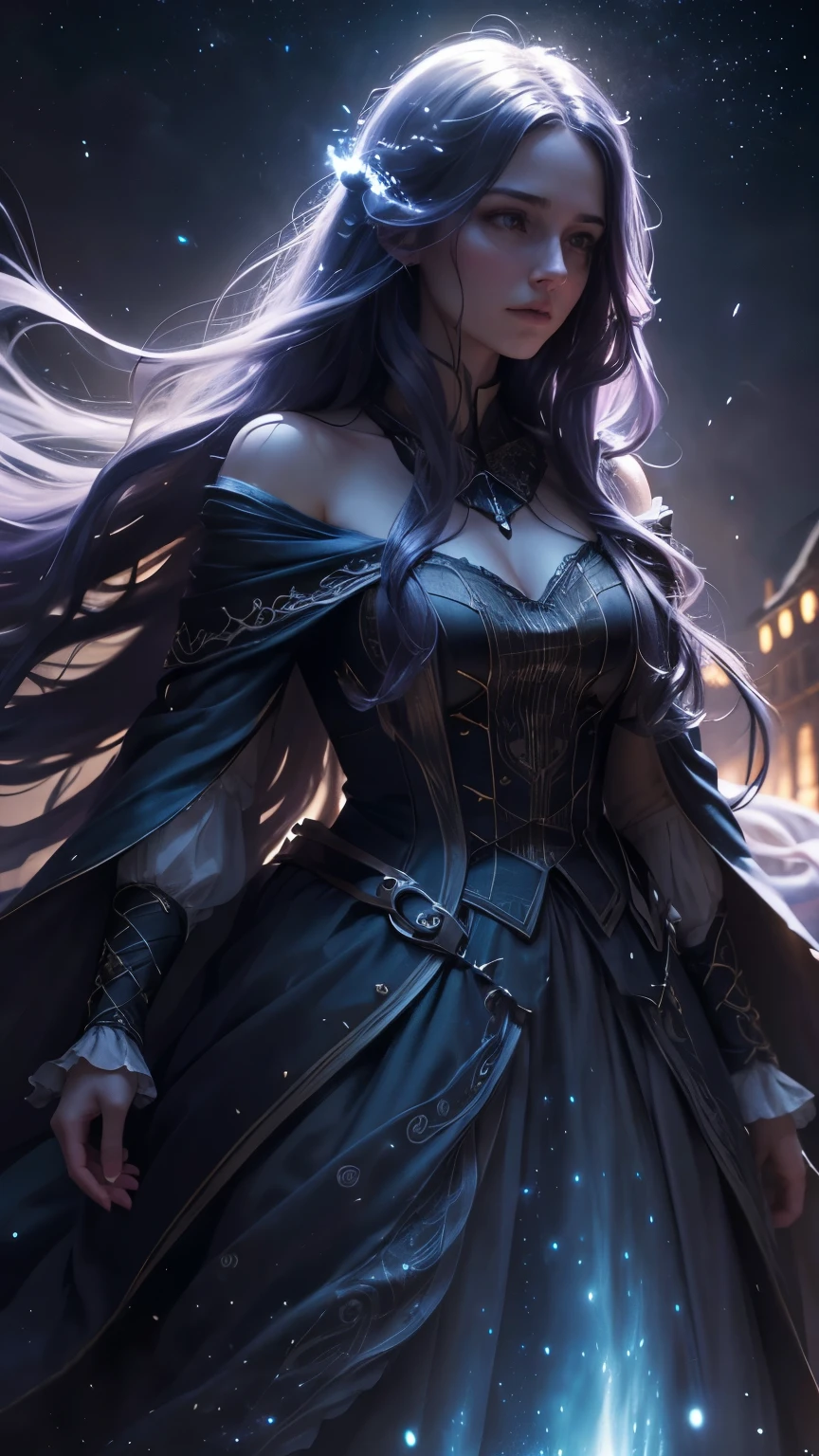 a ghostly figure in a starry night sky, ethereal and luminous, long flowing hair, dramatic lighting, moody and atmospheric, deep blues and purples, (best quality,4k,8k,highres,masterpiece:1.2),ultra-detailed,(realistic,photorealistic,photo-realistic:1.37),dramatic lighting,chiaroscuro,cinematic composition,intricate details,fantasy,surreal,glowing