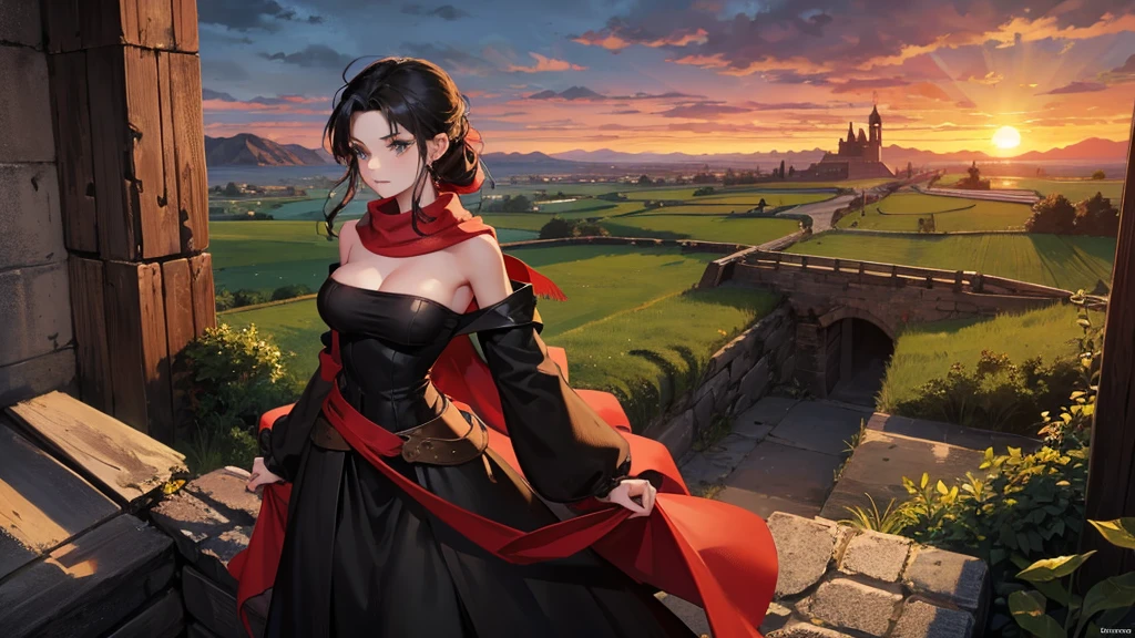 medieval setting, full view of body, 1 skinny female with large breast, beatiful smokey green eyes, black hair pinned up, strapless midi dress, red scarf around her neck, eerie sunset