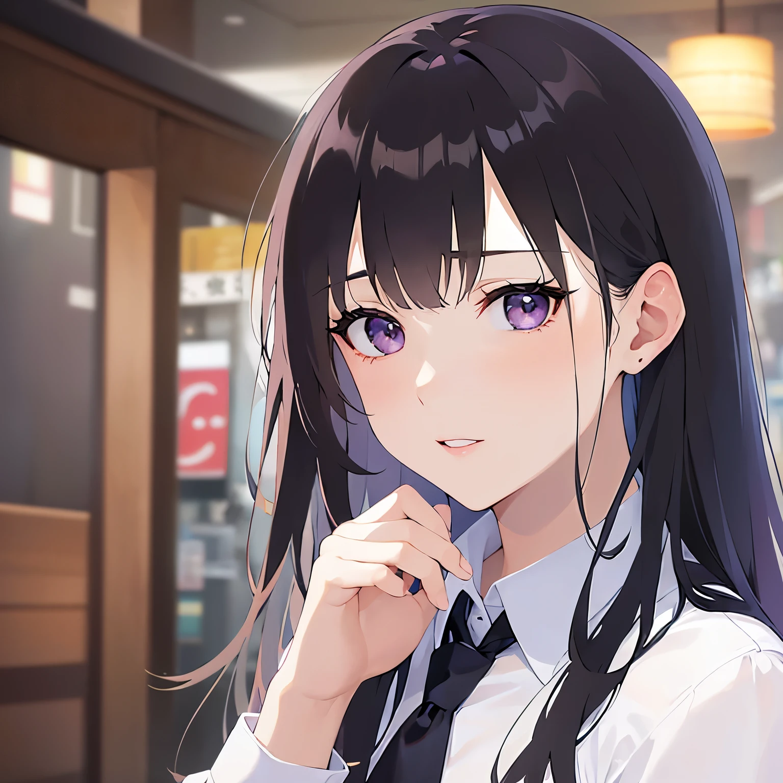 (looking at viewer:1.5),（Looking up：1.5） 
Realistic, real person, (pale skin: 1.2), RAW photo, photorealistic, shiny skin, shiny hair、
(A 25-year-old woman with straight hair and bangs) and (medium hair) and (black hair) and (purple eyes) , 
(Wearing a business suit:1.5) and (Wearing a white collared shirt)、
blush,tearful,The background is the interior of an izakaya at night.、Hands are out in front
