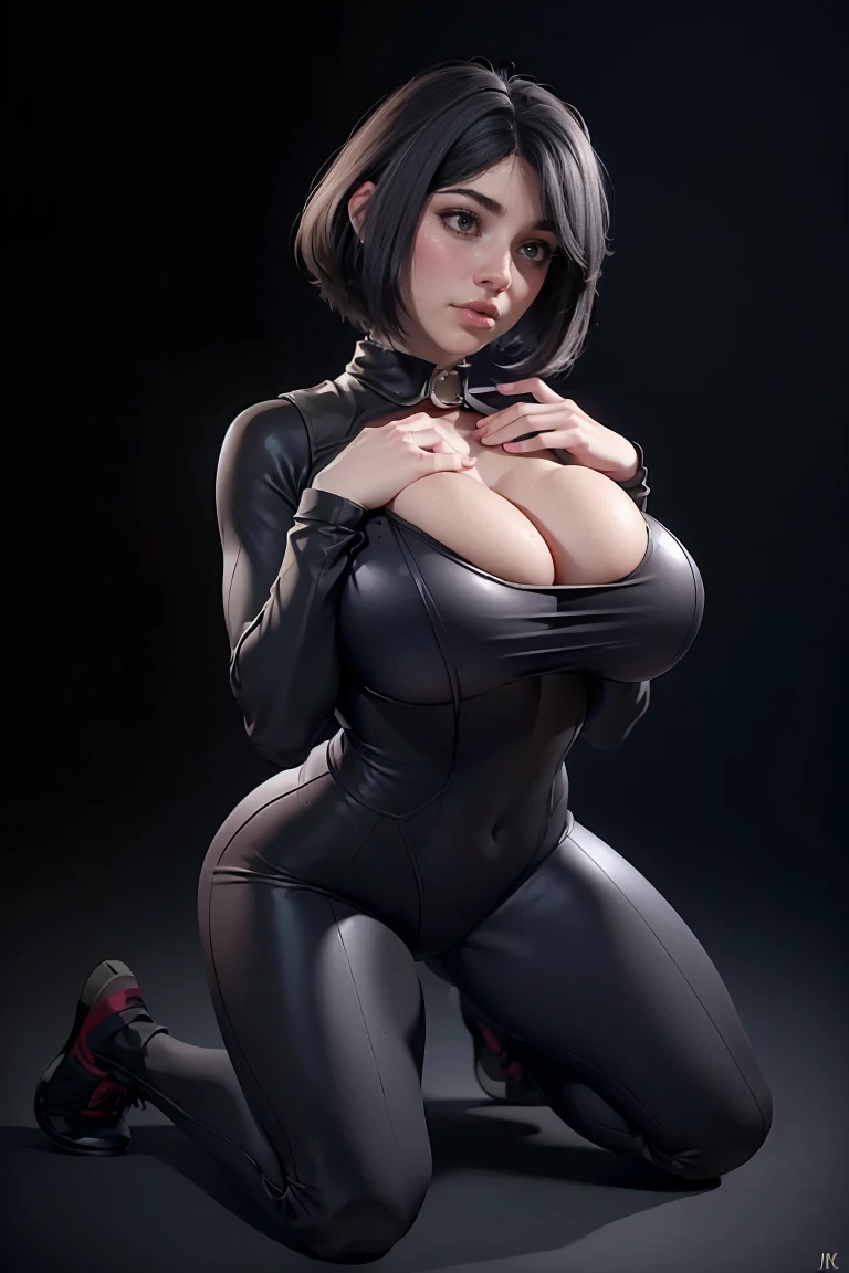(best quality,4k,8k,highres,masterpiece:1.2,full body photo,a woman with a big breast, simple background, gym,on her knees,arms down),ultra-detailed,(realistic,photorealistic,photo-realistic:1.37,cleavage,hands on own chest,huge breasts),(black hair, straight hair, short hair,plumpy lips,redlipstic),oily skin, huge breasts(black bodysuit)