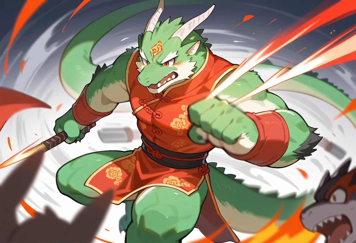 top quality, high-quality illustrations((masterpiece))depth of field, motion blur, absurdres, Perfect Anatomy, magnificent picture of kemono fighting fierce battles, kemono, 1boy, solo focus, Anthro((dramatic))epic, weapon, dynamic pose, One scene of movie,FURRY,dragon,Chinese clothes,green body