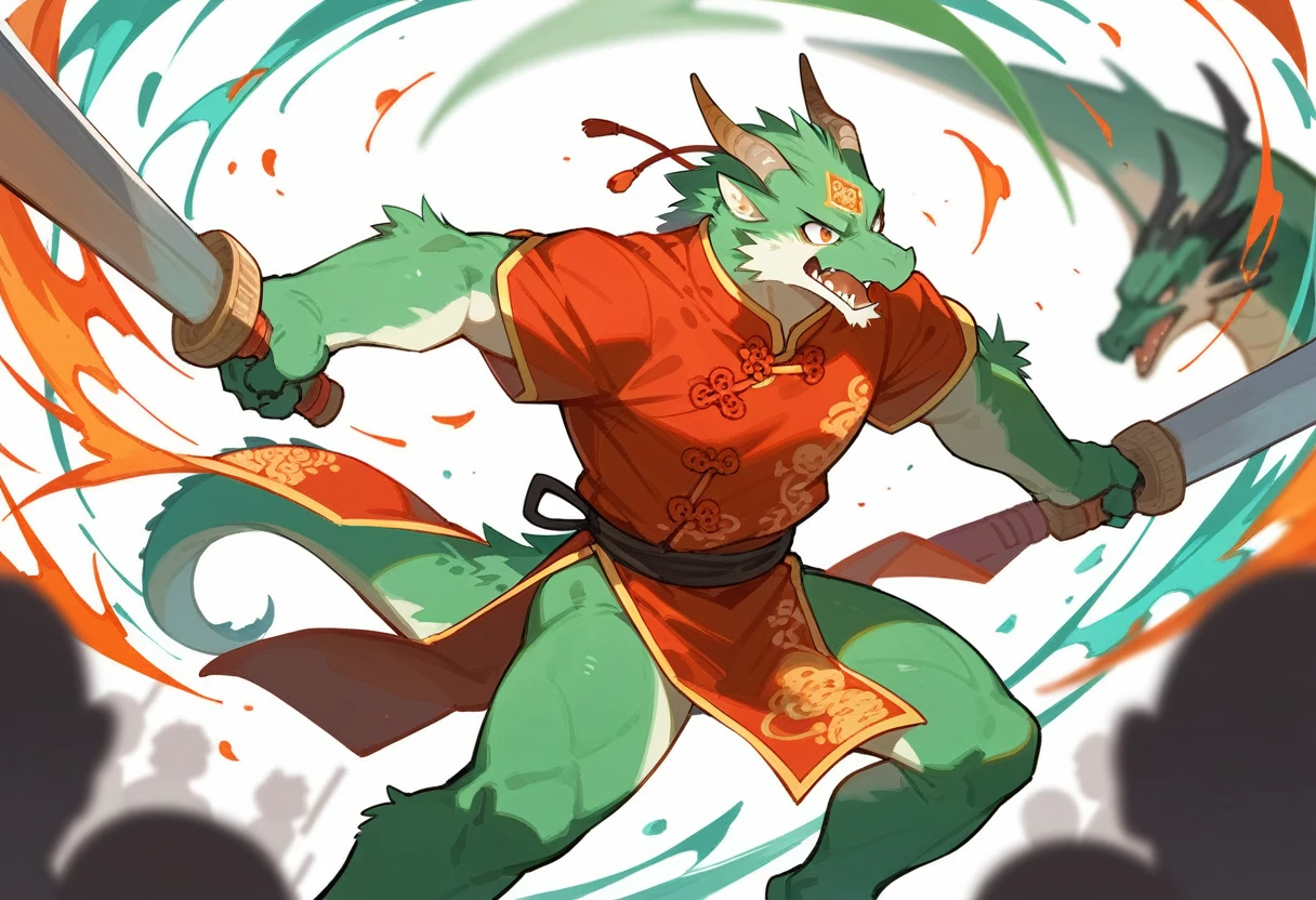 top quality, high-quality illustrations((masterpiece))depth of field, motion blur, absurdres, Perfect Anatomy, magnificent picture of kemono fighting fierce battles, kemono, 1boy, solo focus, Anthro((dramatic))epic, weapon, dynamic pose, One scene of movie,FURRY,dragon,Chinese clothes,green body