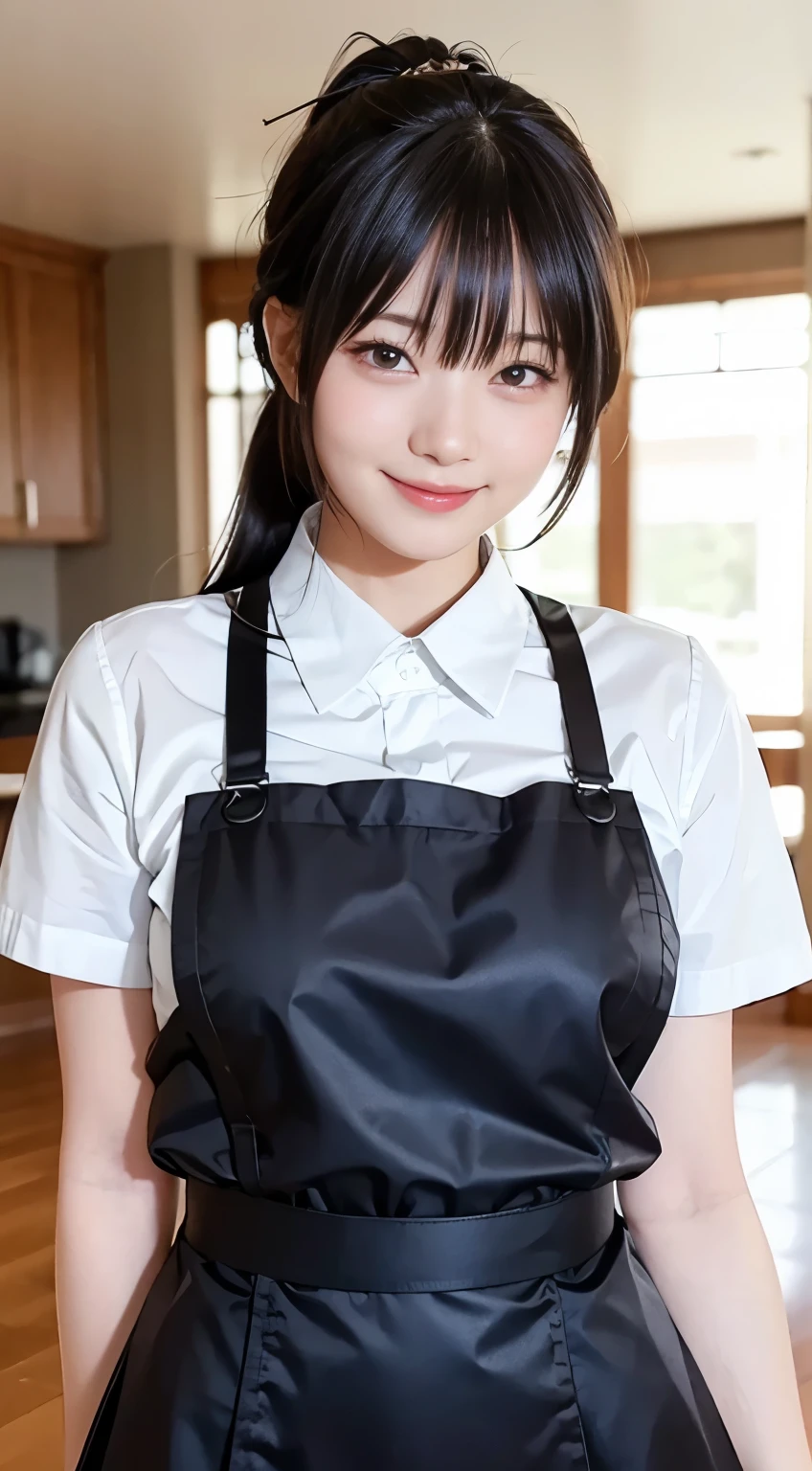 (Highest quality,masterpiece:1.3,Ultra-high resolution,),(Very detailed,Caustics),(Realistic:1.4,RAW shooting,)Ultra-Realistic Capture,Very detailed,High resolution 16K human skin closeup。 Natural skin texture、,pores、、、、It must be detailed enough to be easily identifiable。 Skin tone is even and healthy looking。 Use natural light and colour,restaurant,Waitress Uniform,1 girl,Japanese,18-year-old,cute,Black-haired,ponytail,Big Breasts,smile,Turn your body forward,(Front view:1.1),Looking into the camera,Cowboy Shot,