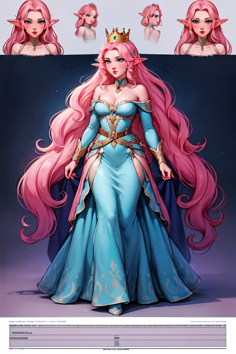 Quality, character sheet, design, positions, woman, long wavy hair, pink hair, blue eyes, elf, dress , Crown, queen